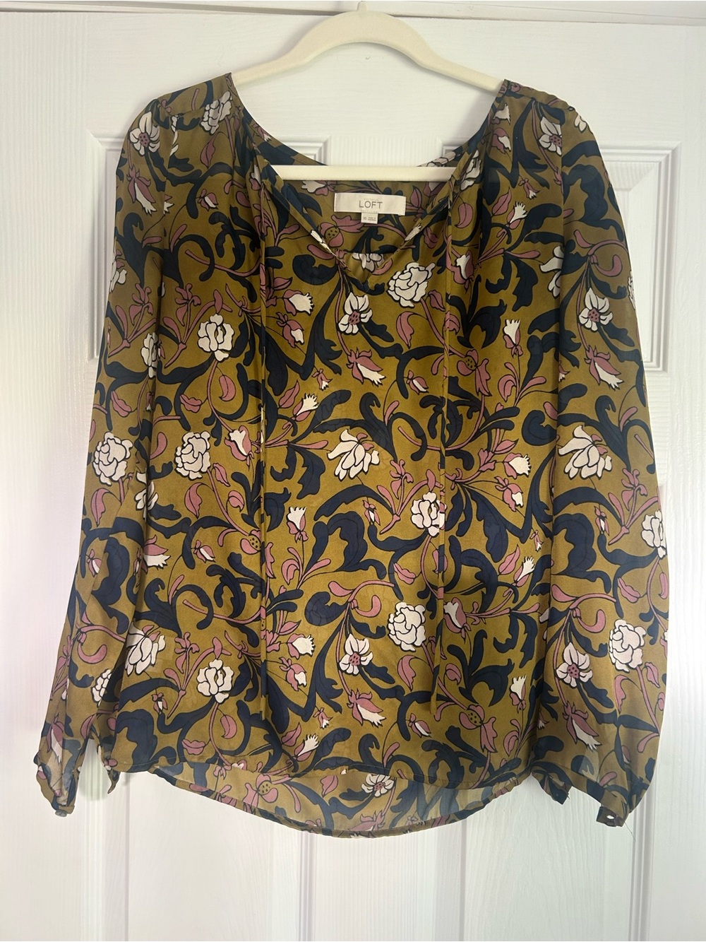 LOFT Olive Green Floral Tie-Neck Blouse XS